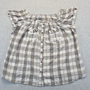 Caren Sport Gray Gingham Blouse with Flutter Sleeves
